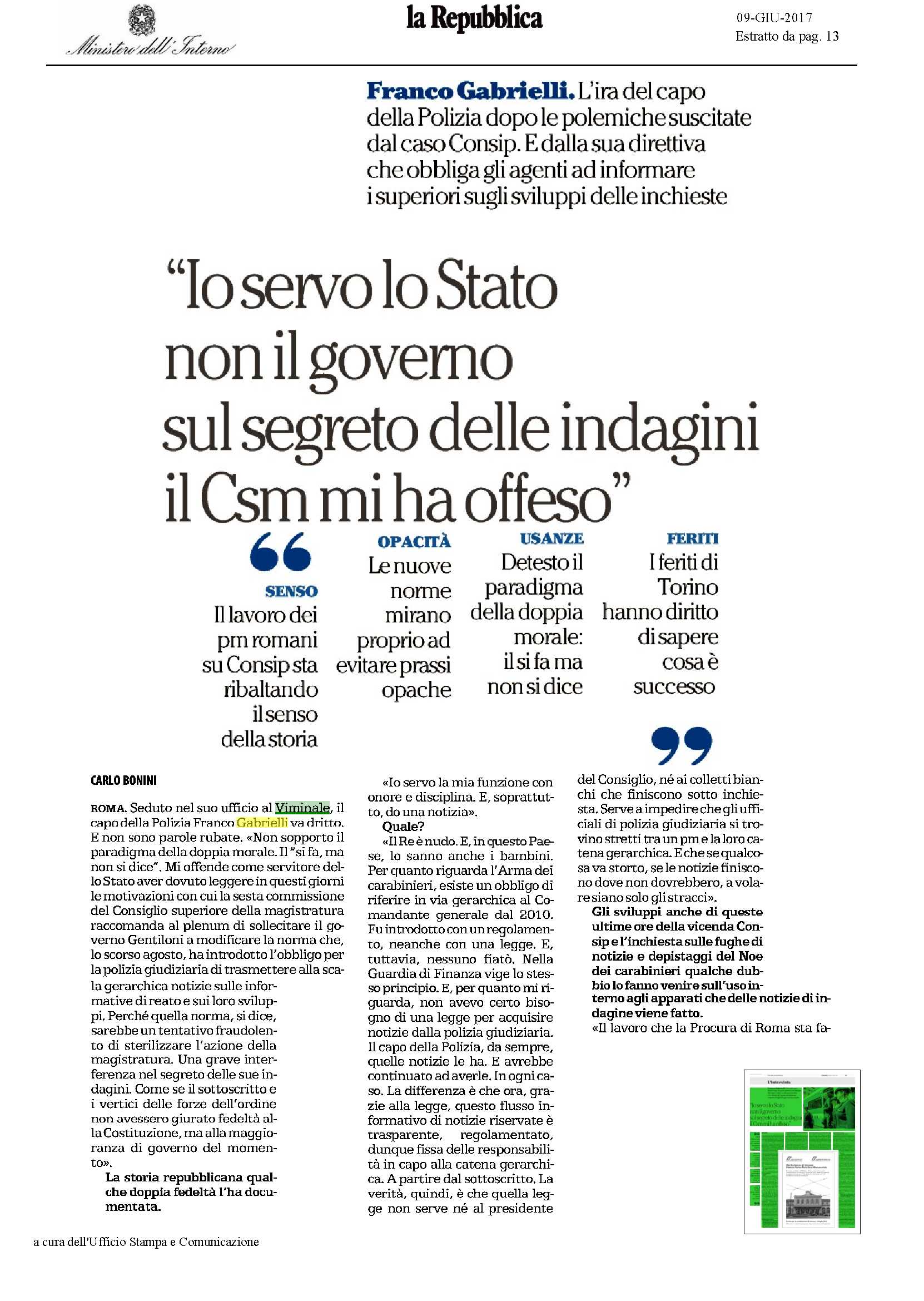 GABRIELLI: SUL SEGRETO DELLE INDAGINI, POLIZIA IN BUONA FEDE QUANTO PM