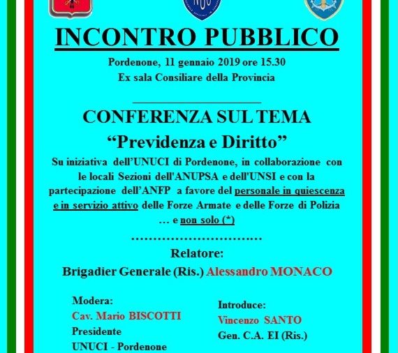 PORDENONE 11 GENNAIO 2019: INCONTRO SU PREVIDENZA E DIRITTO