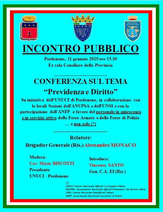 PORDENONE 11 GENNAIO 2019: INCONTRO SU PREVIDENZA E DIRITTO