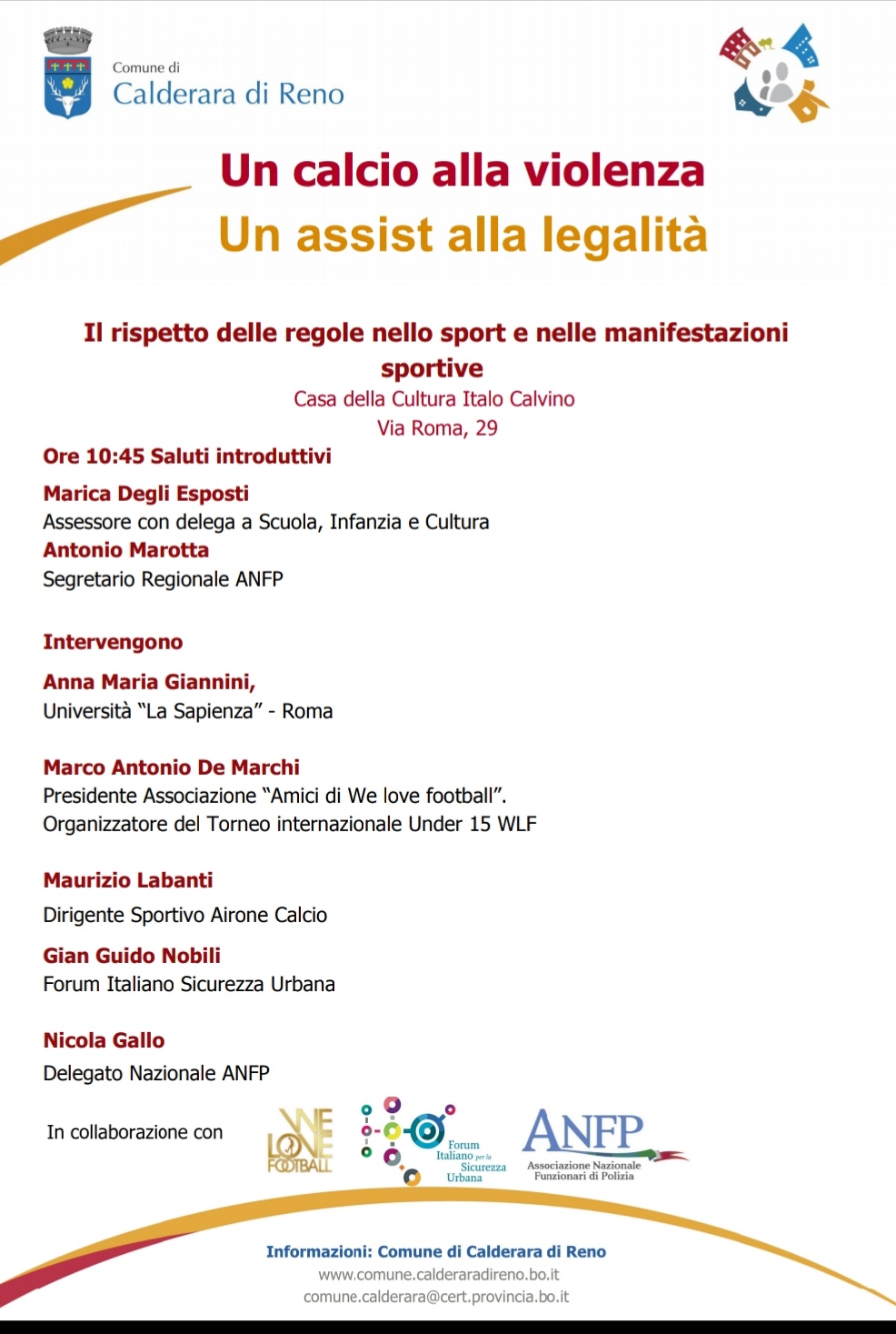 CALDERARA DI RENO 17 APRILE 2019, CONVEGNO: UN CALCIO ALLA VIOLENZA - UN ASSIST ALLA LEGALITA'