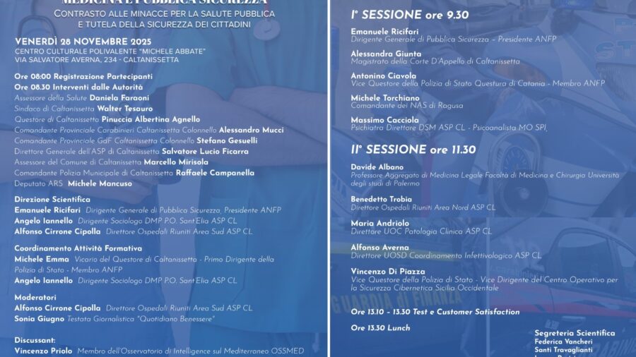 CALTANISSETTA, 28 NOVEMBRE ORE 8:00: CONVEGNO SU MEDICINA E PUBBLICA SICUREZZA