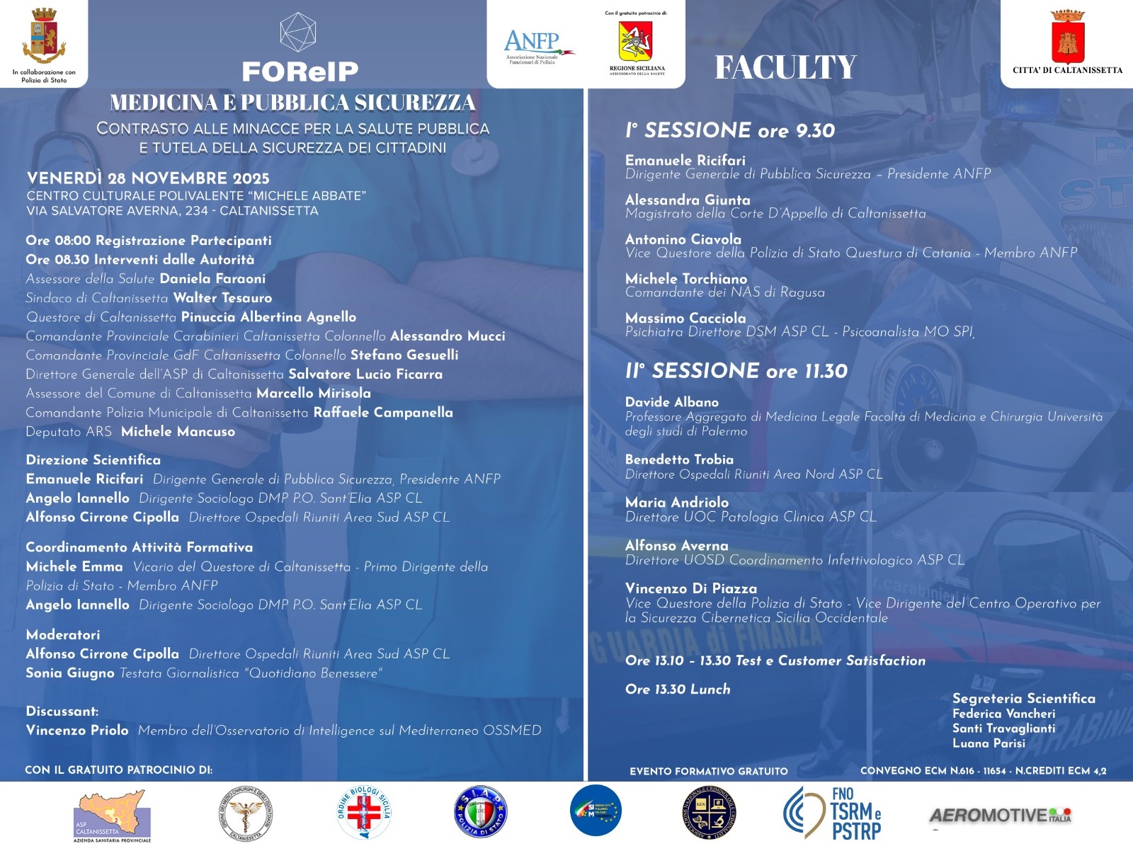 CALTANISSETTA, 28 NOVEMBRE ORE 8:00: CONVEGNO SU MEDICINA E PUBBLICA SICUREZZA