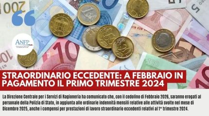 STRAORDINARIO ECCEDENTE: A FEBBRAIO IN PAGAMENTO IL PRIMO TRIMESTRE 2024