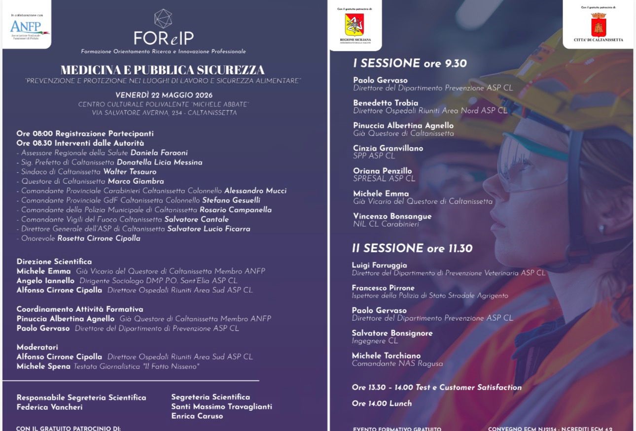 CONVEGNO SU MEDICINA E PUBBLICA SICUREZZA: CALTANISSETTA, 22 MAGGIO ORE 8.00